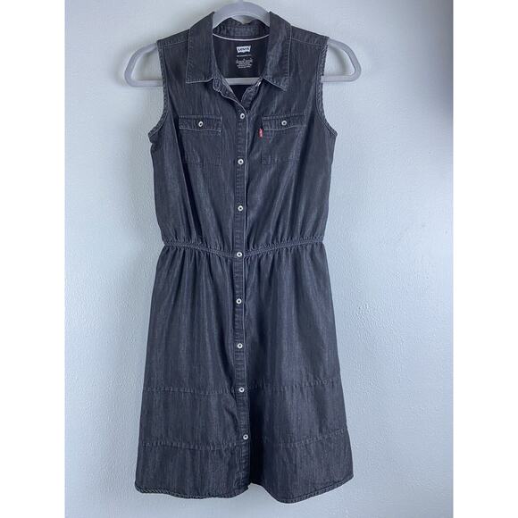 Levi's Sz Lg Girls Chambray Denim Button Up Shirtwaist Dress Black Stone Wash - Picture 1 of 10
